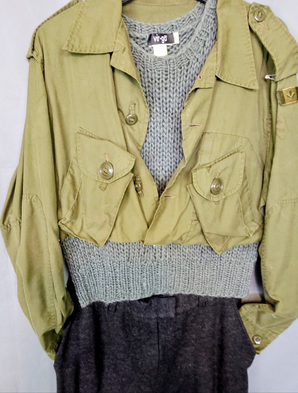Upcycled Vintage Virgo Olive Cropped Bomber with Knit Vest Waistband